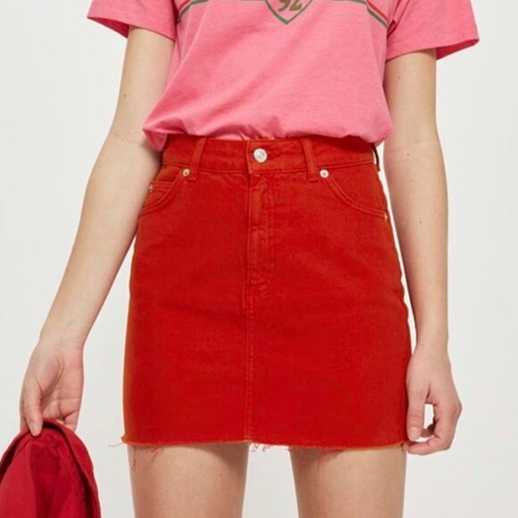 Topshop Moto Red Denim Mini Skirt - Size 2 - Picture 1 of 4